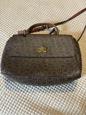 Calvin Klein monogram crossbody satchel turn lock purse handbag brown